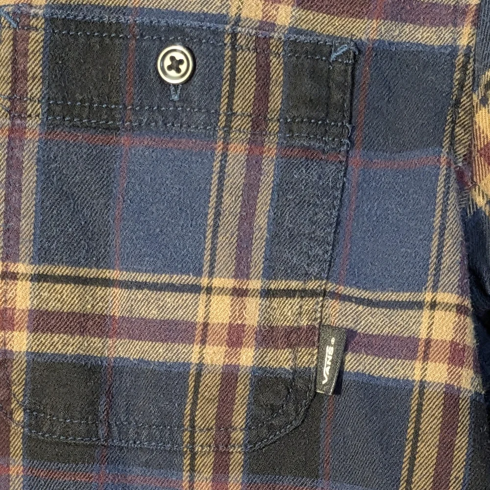 Vans Men's Navy and Tan Plaid Button Down Shirt Casual Lumberjack Flannel